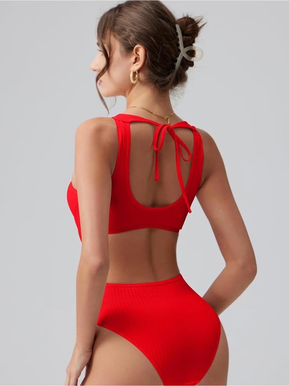 Women's Red Ribbed Crisscross One-Piece Swimsuit - Picture 2 of 6
